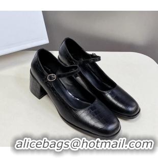 Perfect Celine Mary Janes Pumps 6cm in Black Embossed Leather 506003