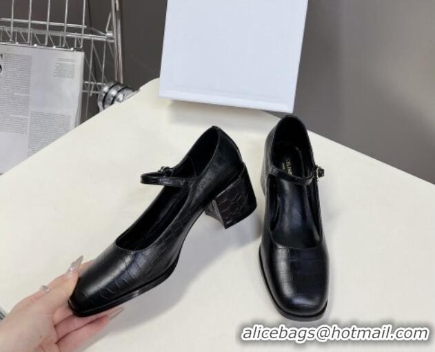 Perfect Celine Mary Janes Pumps 6cm in Black Embossed Leather 506003