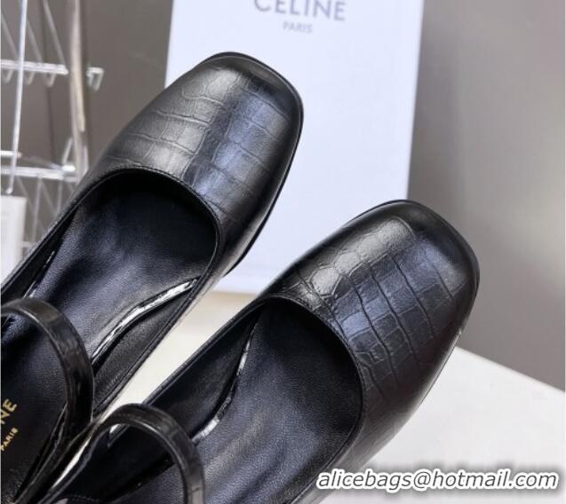 Perfect Celine Mary Janes Pumps 6cm in Black Embossed Leather 506003