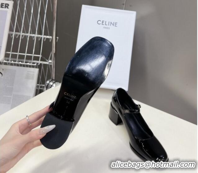 Comfortable Celine Patent Leather Mary Janes Pumps 6cm Black 506004