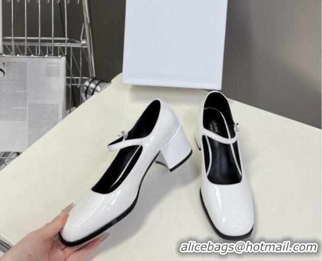 Popular Style Celine Patent Leather Mary Janes Pumps 6cm White 506006