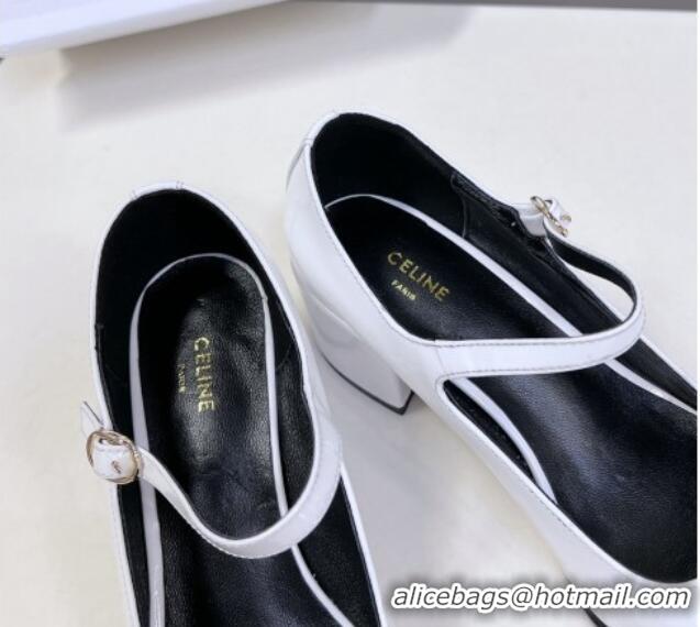 Popular Style Celine Patent Leather Mary Janes Pumps 6cm White 506006