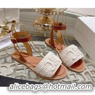 Pretty Style Celine Lympia Flat Strap Sandals in Triomphe Crochet and Calfskin White 506007