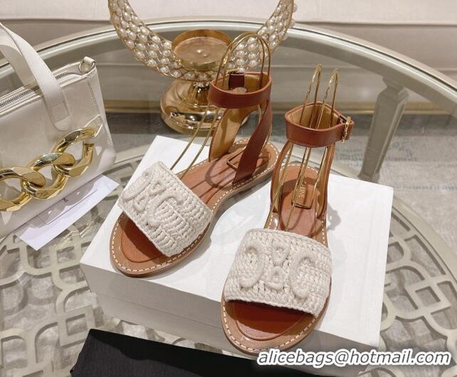 Pretty Style Celine Lympia Flat Strap Sandals in Triomphe Crochet and Calfskin White 506007