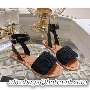 Classic Hot Celine Lympia Flat Sandals in Triomphe Crochet and Calfskin Black 506008