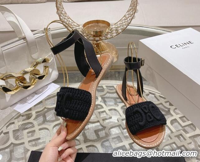 Classic Hot Celine Lympia Flat Sandals in Triomphe Crochet and Calfskin Black 506008