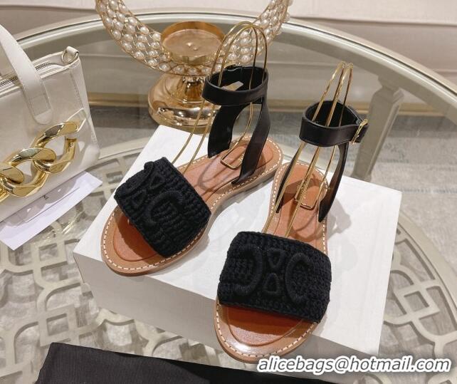 Classic Hot Celine Lympia Flat Sandals in Triomphe Crochet and Calfskin Black 506008