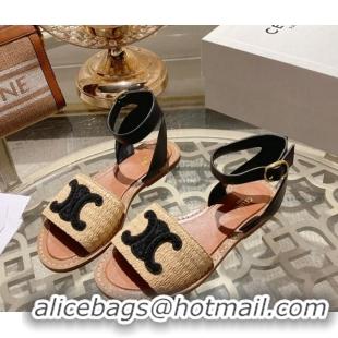 Grade Quality Celine Lympia Flat Sandals in Triomphe Straw and Calfskin Black 506009