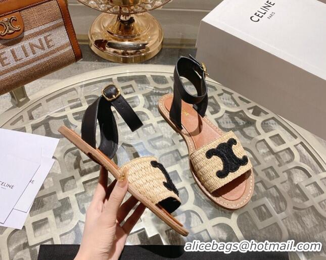 Grade Quality Celine Lympia Flat Sandals in Triomphe Straw and Calfskin Black 506009