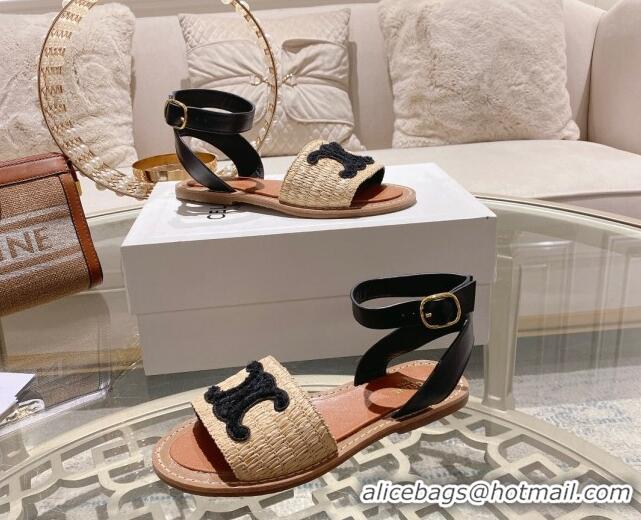 Grade Quality Celine Lympia Flat Sandals in Triomphe Straw and Calfskin Black 506009