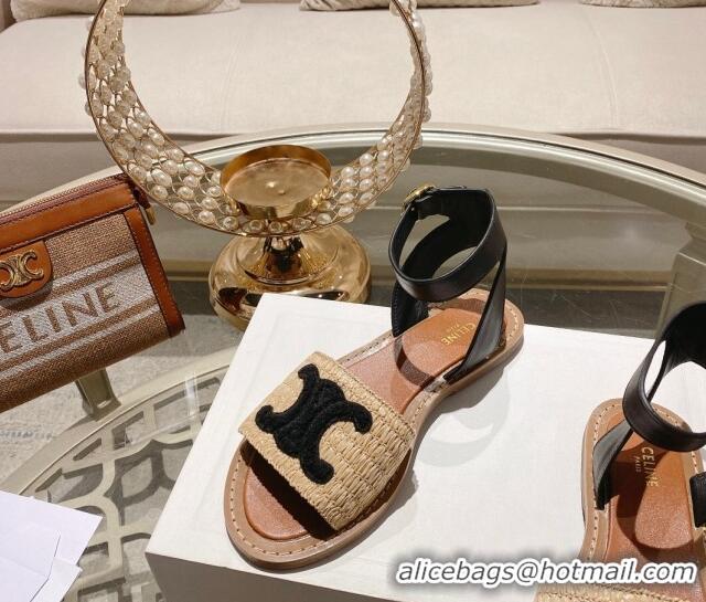 Grade Quality Celine Lympia Flat Sandals in Triomphe Straw and Calfskin Black 506009