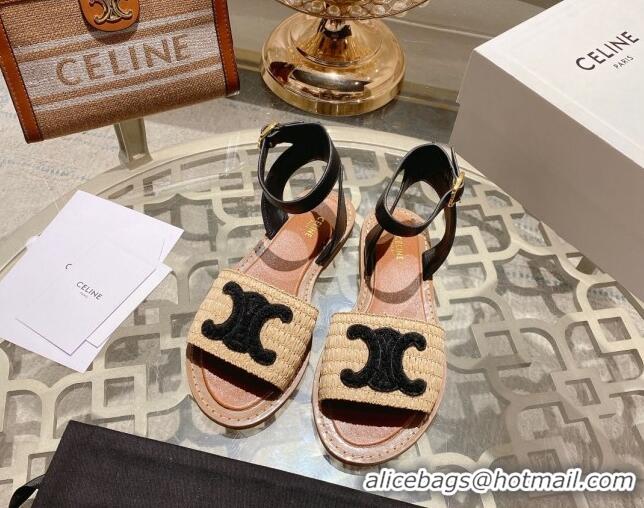 Grade Quality Celine Lympia Flat Sandals in Triomphe Straw and Calfskin Black 506009