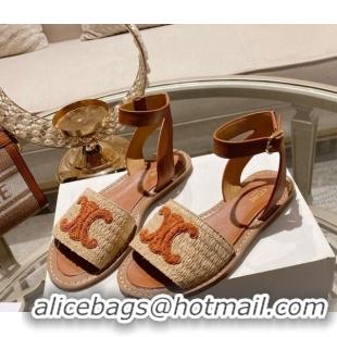 Good Looking Celine Lympia Flat Sandals in Triomphe Straw and Calfskin Brown 506010