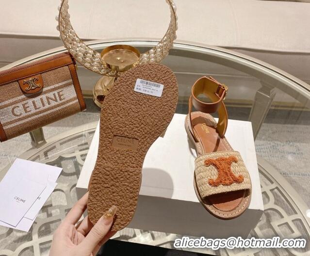 Good Looking Celine Lympia Flat Sandals in Triomphe Straw and Calfskin Brown 506010