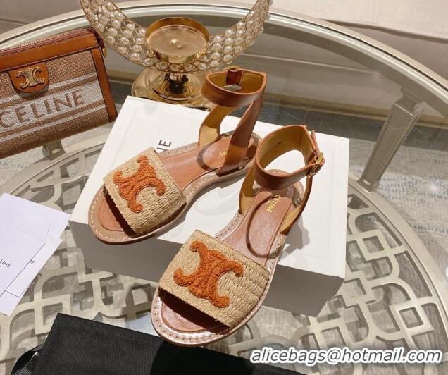 Good Looking Celine Lympia Flat Sandals in Triomphe Straw and Calfskin Brown 506010