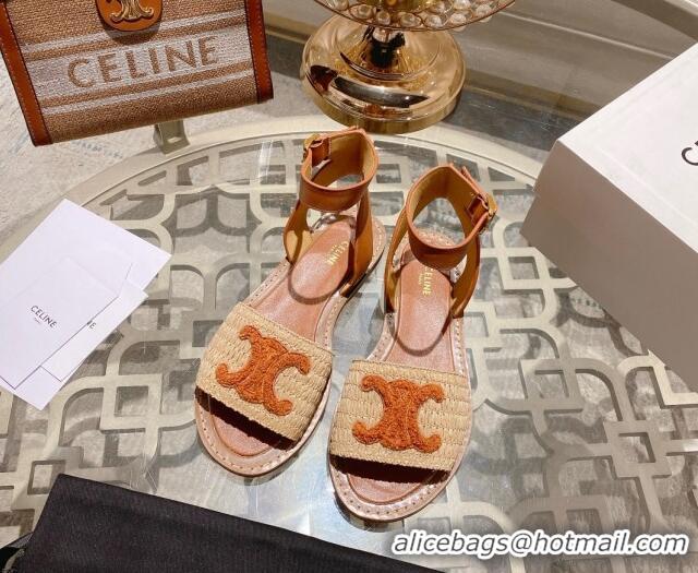 Good Looking Celine Lympia Flat Sandals in Triomphe Straw and Calfskin Brown 506010