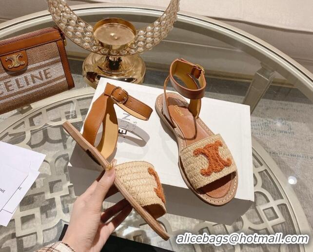 Good Looking Celine Lympia Flat Sandals in Triomphe Straw and Calfskin Brown 506010