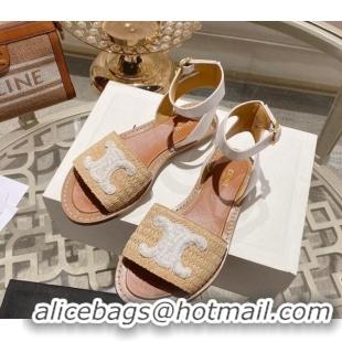 Unique Style Celine Lympia Flat Sandals in Triomphe Straw and Calfskin White 506011