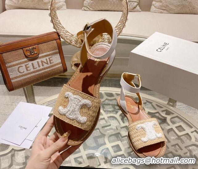 Unique Style Celine Lympia Flat Sandals in Triomphe Straw and Calfskin White 506011