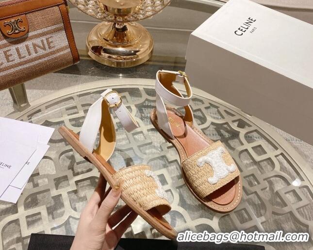 Unique Style Celine Lympia Flat Sandals in Triomphe Straw and Calfskin White 506011