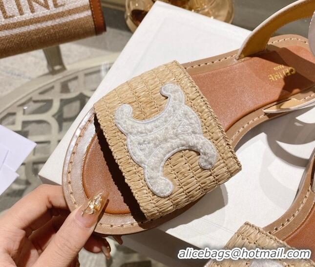 Unique Style Celine Lympia Flat Sandals in Triomphe Straw and Calfskin White 506011