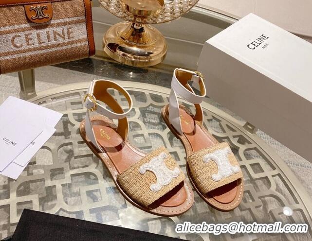 Unique Style Celine Lympia Flat Sandals in Triomphe Straw and Calfskin White 506011