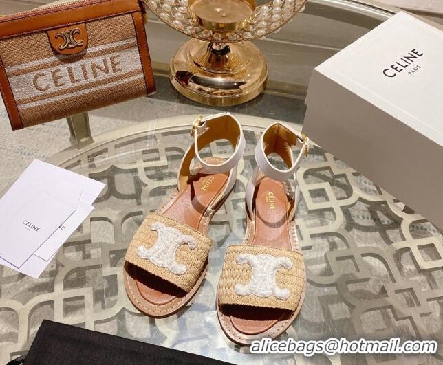 Unique Style Celine Lympia Flat Sandals in Triomphe Straw and Calfskin White 506011