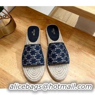 Good Product Celine Triomphe Dark Blue Denim Espadrille Flat Slide Sandals 531146