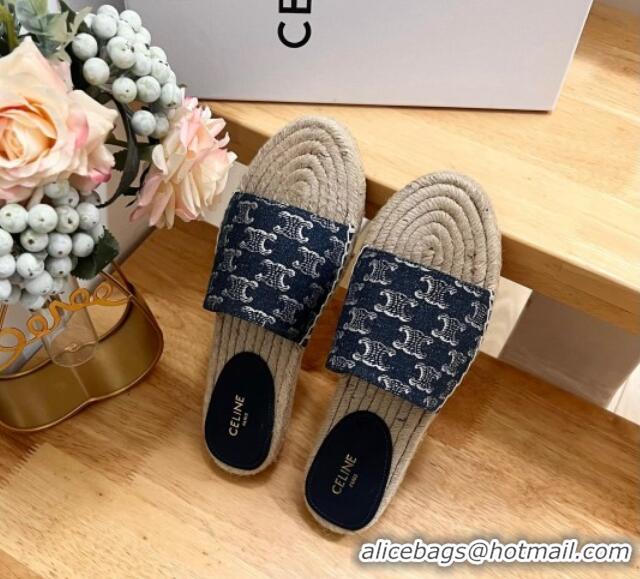 Good Product Celine Triomphe Dark Blue Denim Espadrille Flat Slide Sandals 531146