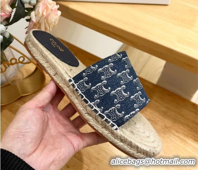 Good Product Celine Triomphe Dark Blue Denim Espadrille Flat Slide Sandals 531146