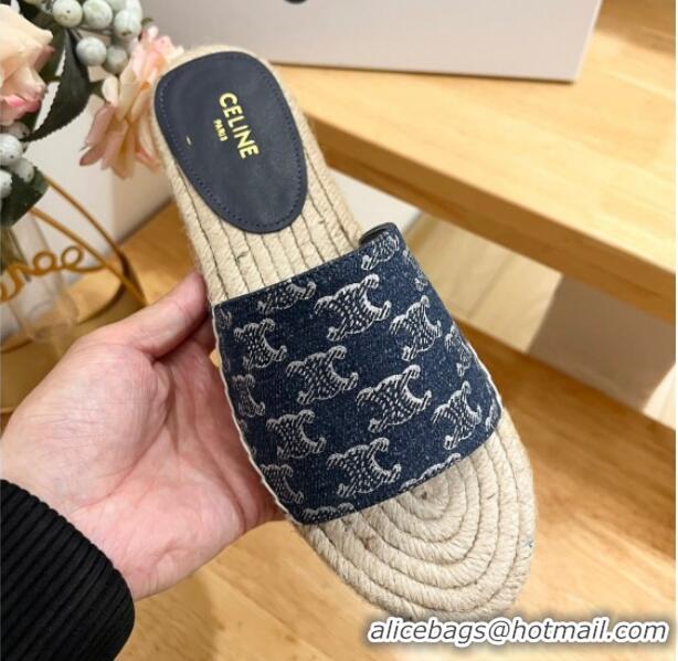 Good Product Celine Triomphe Dark Blue Denim Espadrille Flat Slide Sandals 531146