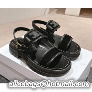 Good Quality Celine Clea Triomphe Sandals in Suede and Calfskin Black 531151