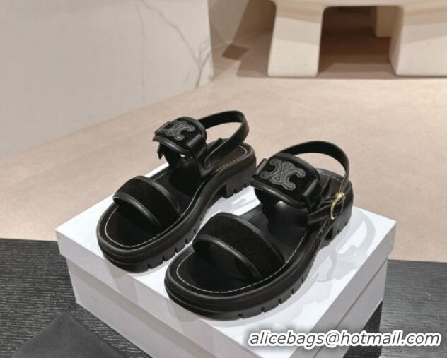 Good Quality Celine Clea Triomphe Sandals in Suede and Calfskin Black 531151