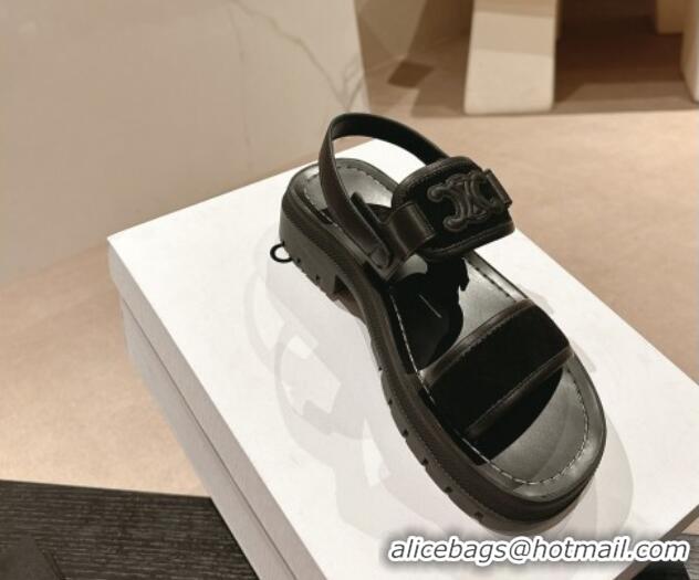 Good Quality Celine Clea Triomphe Sandals in Suede and Calfskin Black 531151