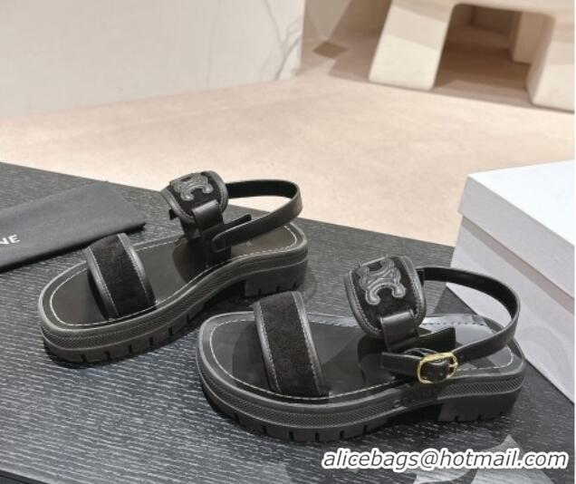 Good Quality Celine Clea Triomphe Sandals in Suede and Calfskin Black 531151