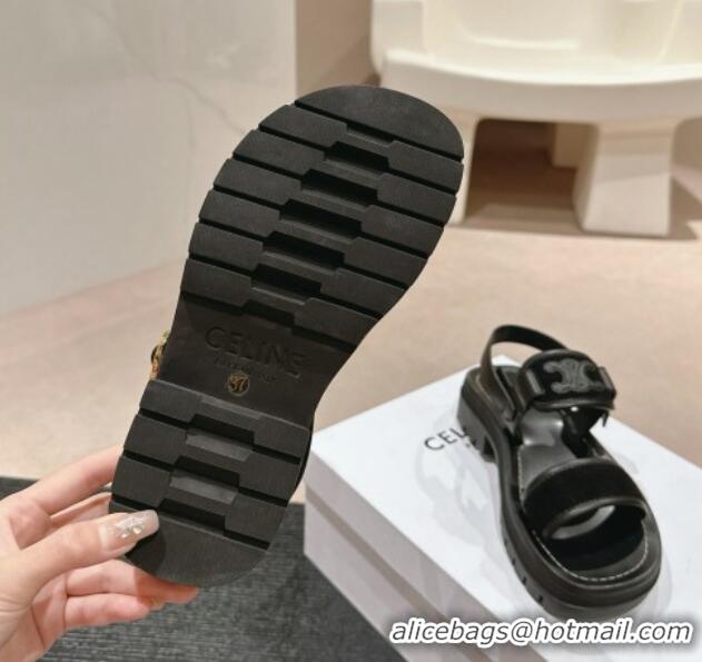 Good Quality Celine Clea Triomphe Sandals in Suede and Calfskin Black 531151