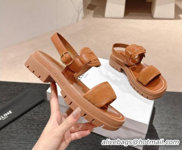 Good Product Celine Clea Triomphe Sandals in Suede and Calfskin Brown 531152