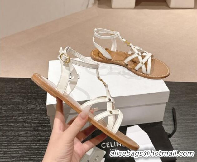 Perfect Celine Calfskin Strap Flat Sandals White 531153