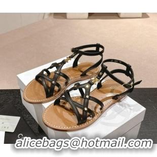 Comfortable Celine Calfskin Strap Flat Sandals Black 531154