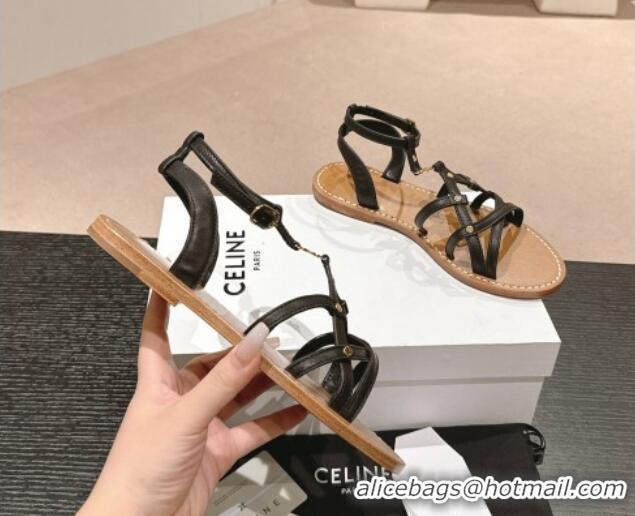 Comfortable Celine Calfskin Strap Flat Sandals Black 531154