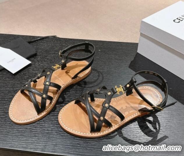 Comfortable Celine Calfskin Strap Flat Sandals Black 531154