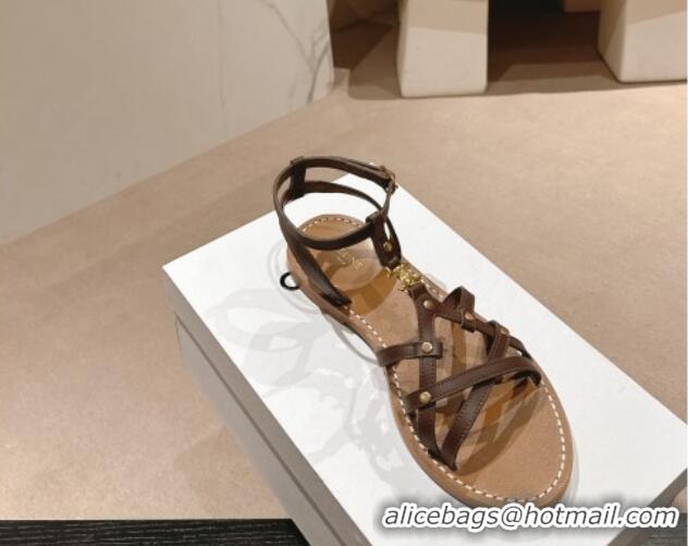 Good Quality Celine Calfskin Strap Flat Sandals Brown 531155