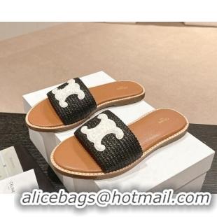 Purchase Celine Lympia Flat Slide Sandals in Raffia Straw Black 531156