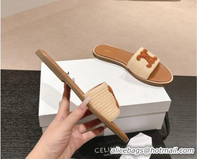 Top Grade Celine Lympia Flat Slide Sandals in Raffia Straw Beige/Brown 531157