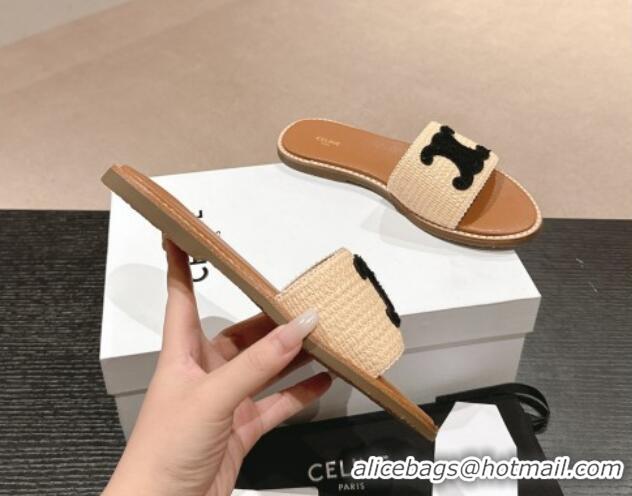 Most Popular Celine Lympia Flat Slide Sandals in Raffia Straw Beige/Black 531158