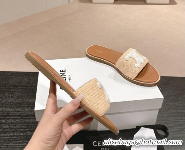 Durable Celine Lympia Flat Slide Sandals in Raffia Straw Beige/White 531159