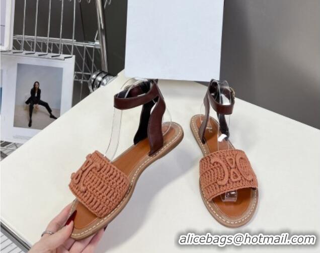 Good Product Celine Lympia Flat Sandals in Triomphe Knit Canvas and Calfskin Brown 531165