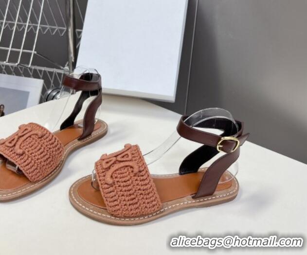 Good Product Celine Lympia Flat Sandals in Triomphe Knit Canvas and Calfskin Brown 531165