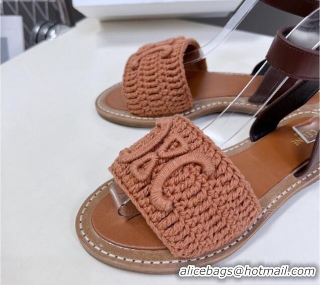 Good Product Celine Lympia Flat Sandals in Triomphe Knit Canvas and Calfskin Brown 531165