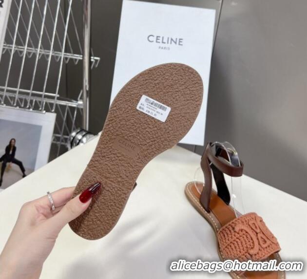 Good Product Celine Lympia Flat Sandals in Triomphe Knit Canvas and Calfskin Brown 531165